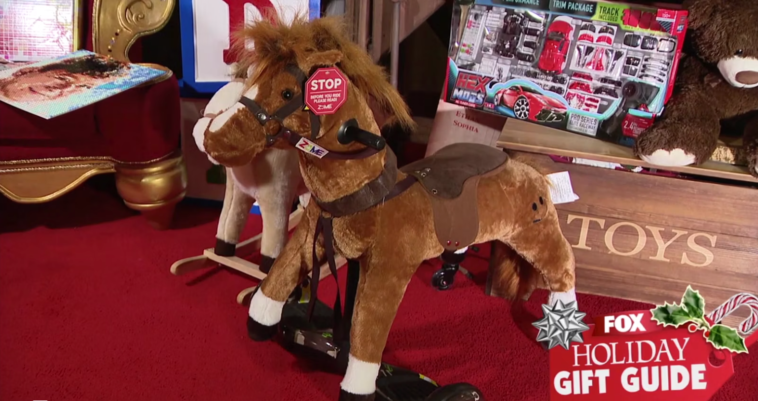 Brown Power Pony featured on Fox Holiday Gift Guide display with toys.